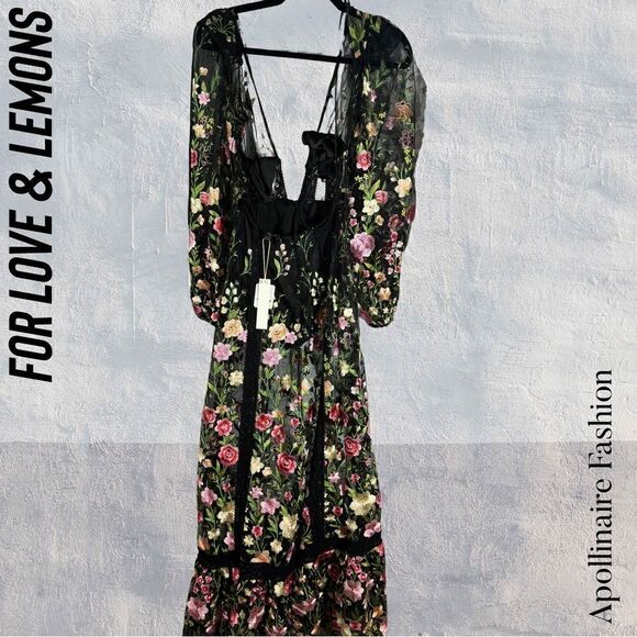 FOR LOVE AND LEMONS LUNA MAXI DRESS IN BLACK COMBO NWT XS FLORAL SHEER EMBROIDER - Picture 7 of 10